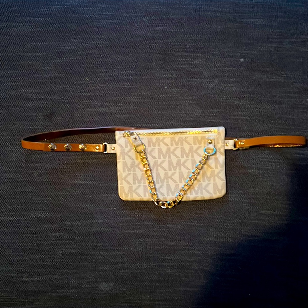 White and brown MK Michael Kors belt bag